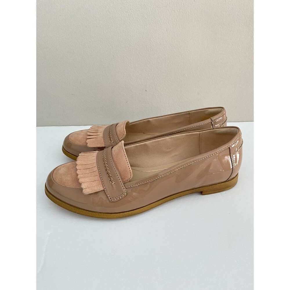 CLARKS ANDORA CRUSH NUDE BEIGE Suede Patent Leather Slip On Loafers Size 9.5 - Picture 4 of 8
